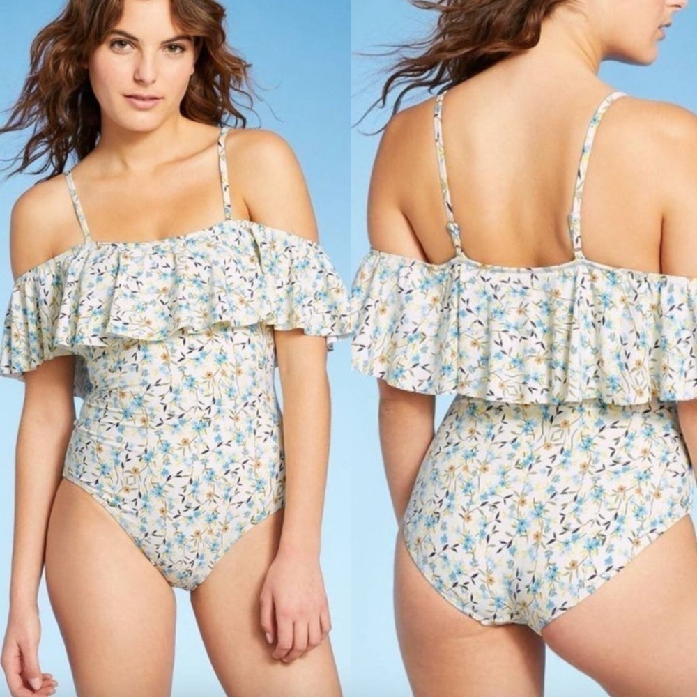 NWT Sea Angel One Piece Swimsuit Floral Print Off Shoulder Ruffle Sz Large